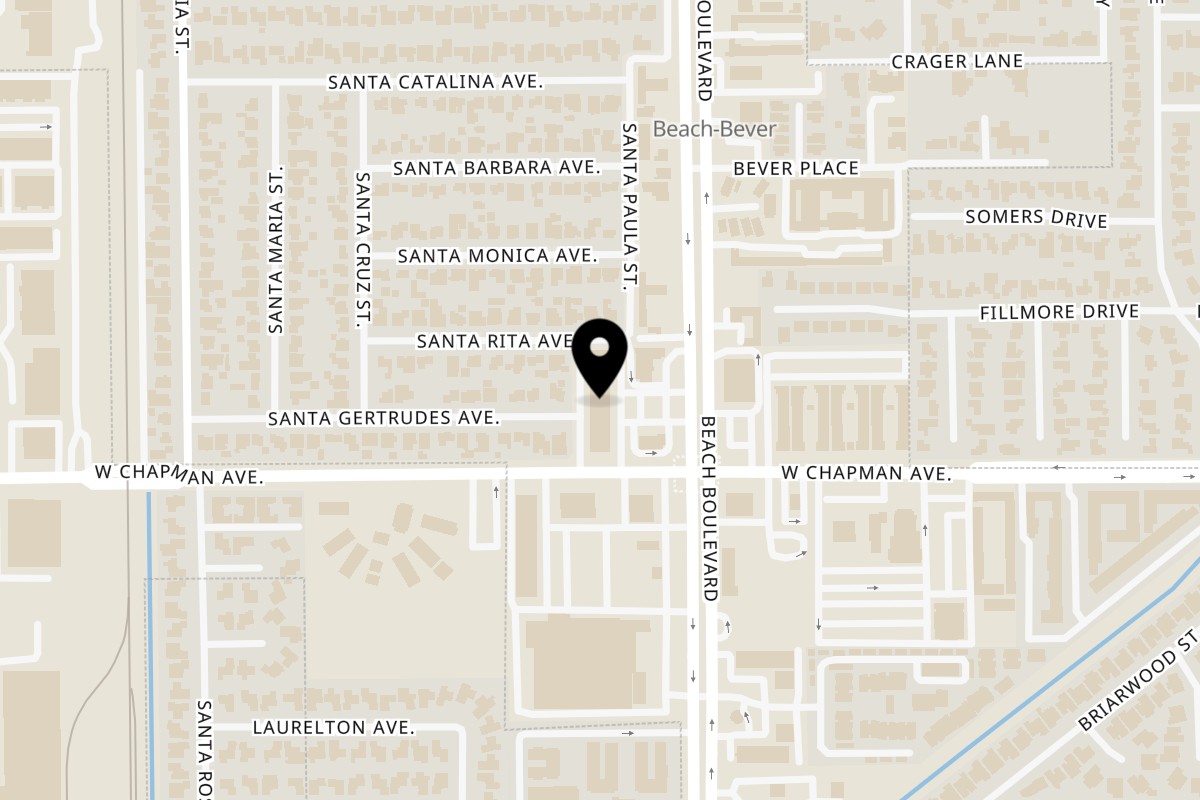 Map showing the location of Thai Nakorn Restaurant on 11951 Beach Blvd in Stanton